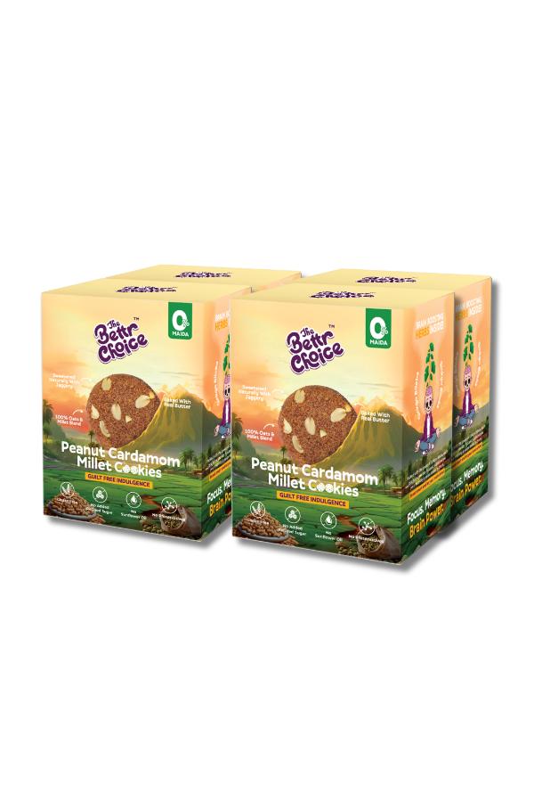 The Bettr Choice Peanut Cardamom Millet Cookies - 100% Whole Grain Blend with Organic Jaggery, Ginkgo Biloba, Dark Couverture Chocolate, No Added Refined Sugar.A Nutrient-Rich Delight - 4 Pack